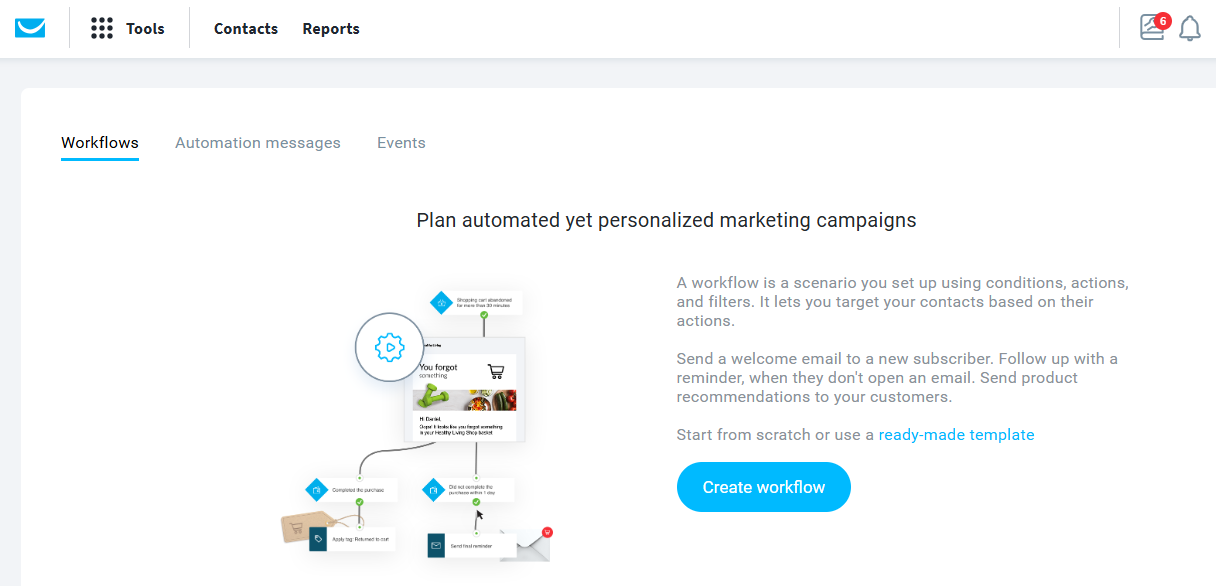 GetResponse automation interface showing Create Workflow button to start building email sequences